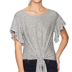 Tie-front striped top with ruffled sleeves